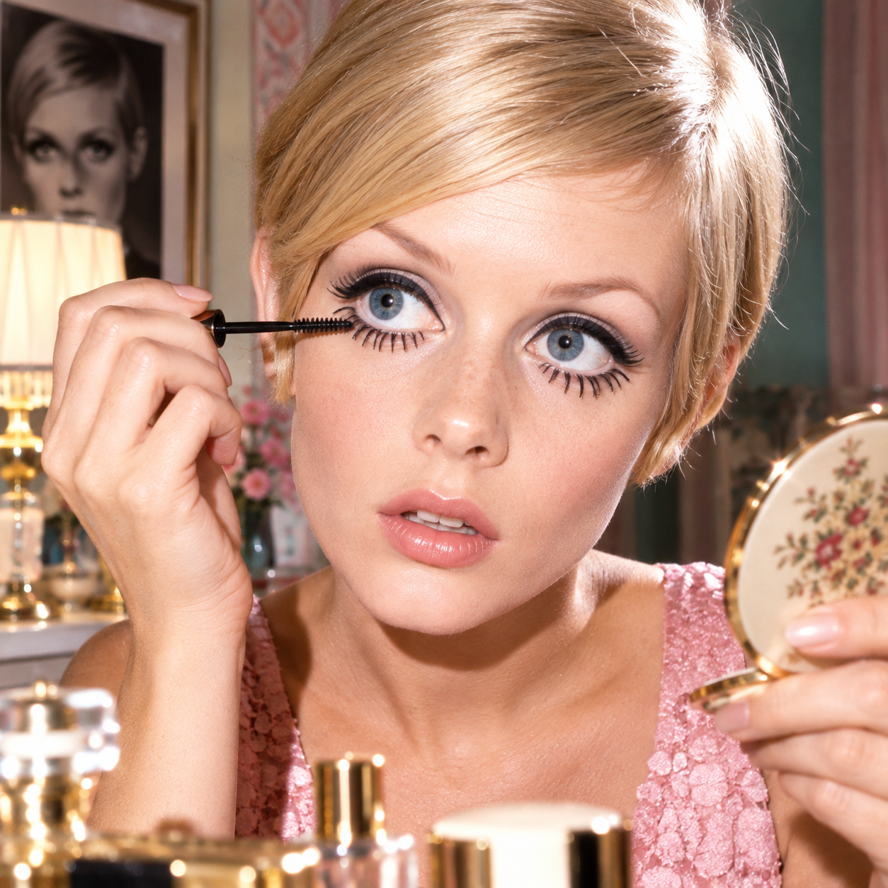 1960s-inspired woman applying mascara to dramatic lower lashes